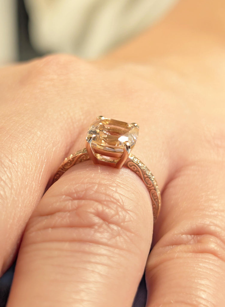 Cushion Cut Morganite Engagement Ring, Vintage Filigree Engraved Band 14K Rose Gold Diamond Ring, Pink Peach Morganite Ring, Bridal Jewelry image #10