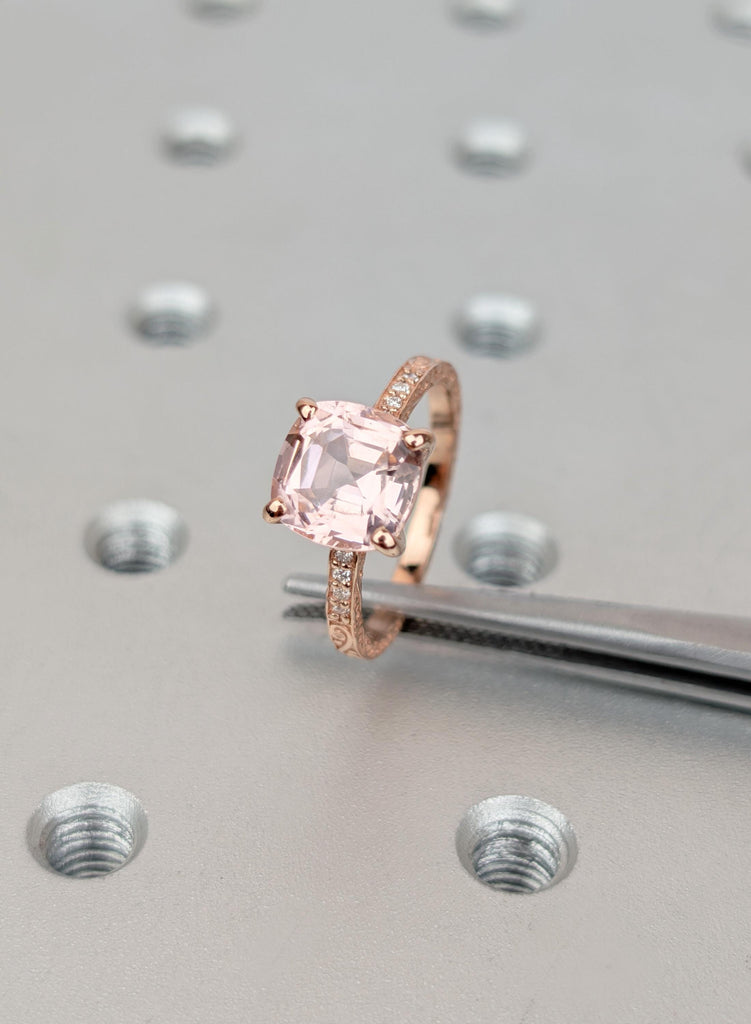 Cushion Cut Morganite Engagement Ring, Vintage Filigree Engraved Band 14K Rose Gold Diamond Ring, Pink Peach Morganite Ring, Bridal Jewelry image #8