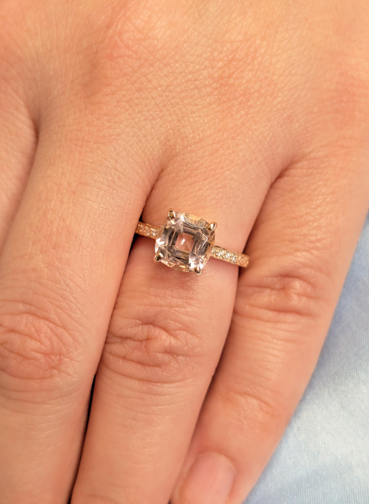 Cushion Cut Morganite Engagement Ring, Vintage Filigree Engraved Band 14K Rose Gold Diamond Ring, Pink Peach Morganite Ring, Bridal Jewelry image #11
