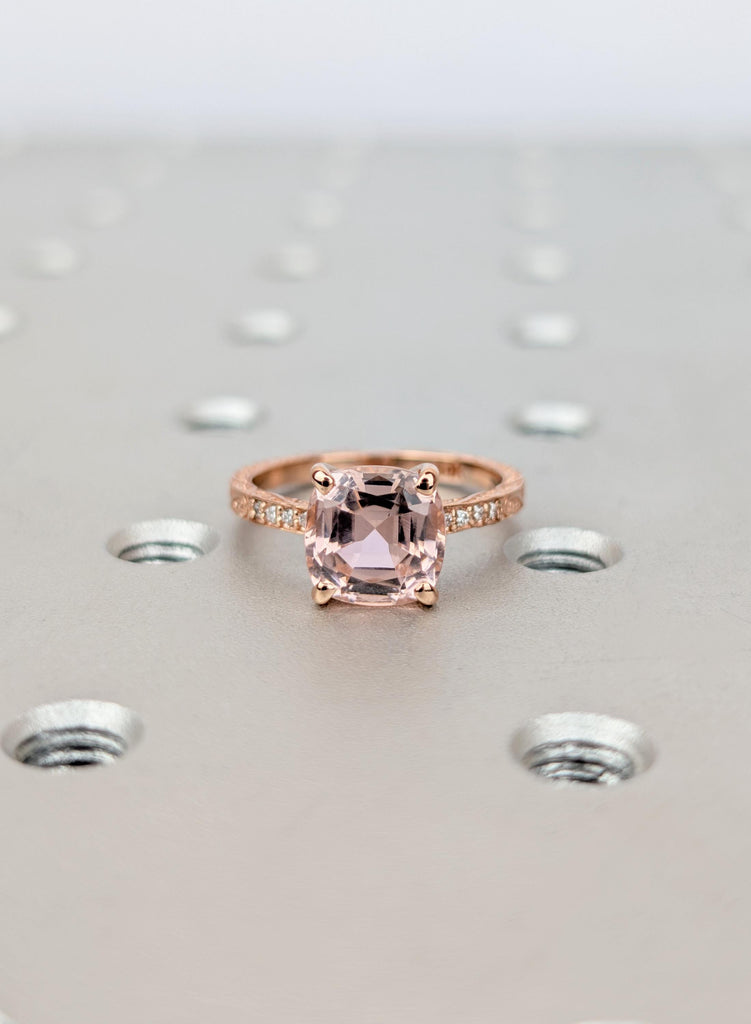 Cushion Cut Morganite Engagement Ring, Vintage Filigree Engraved Band 14K Rose Gold Diamond Ring, Pink Peach Morganite Ring, Bridal Jewelry image #1