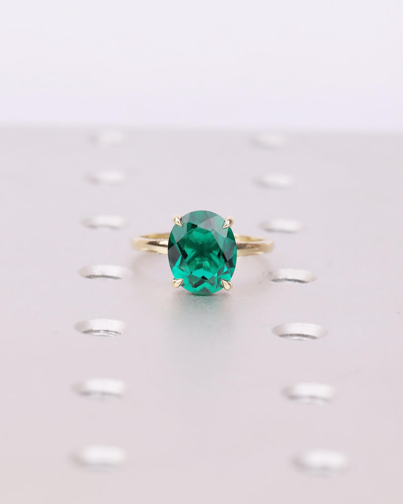 Minimalist Oval Emerald Ring, Hidden Halo 14k Solid Gold Engagement Ring, Birthstone Jewelry image #18