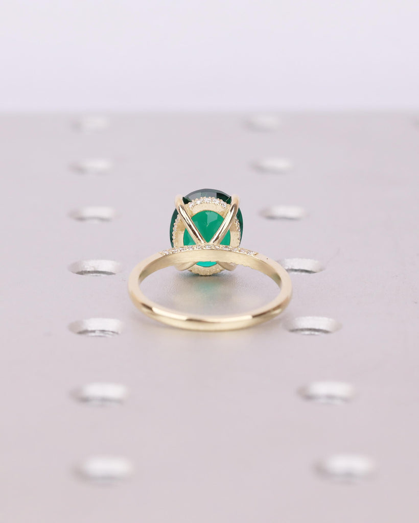Oval Cut Emerald Engagement Ring, Solitaire 14k Yellow Gold Lab Grown Emerald Ring, Pave Hidden Halo Diamond, Personalized Statement Jewelry image #6