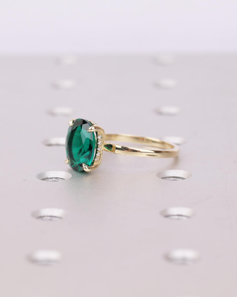 Oval Cut Emerald Engagement Ring, Solitaire 14k Yellow Gold Lab Grown Emerald Ring, Pave Hidden Halo Diamond, Personalized Statement Jewelry image #4