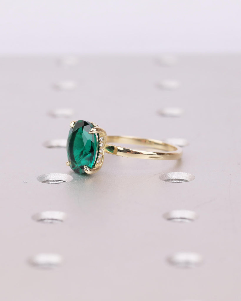 Minimalist Oval Emerald Ring, Hidden Halo 14k Solid Gold Engagement Ring, Birthstone Jewelry image #4