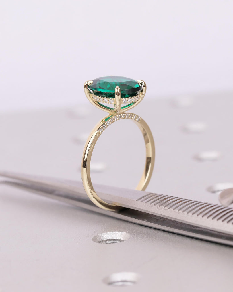 Oval Cut Emerald Engagement Ring, Solitaire 14k Yellow Gold Lab Grown Emerald Ring, Pave Hidden Halo Diamond, Personalized Statement Jewelry image #10