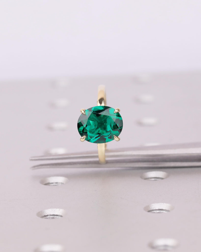 Oval Cut Emerald Engagement Ring, Solitaire 14k Yellow Gold Lab Grown Emerald Ring, Pave Hidden Halo Diamond, Personalized Statement Jewelry image #17