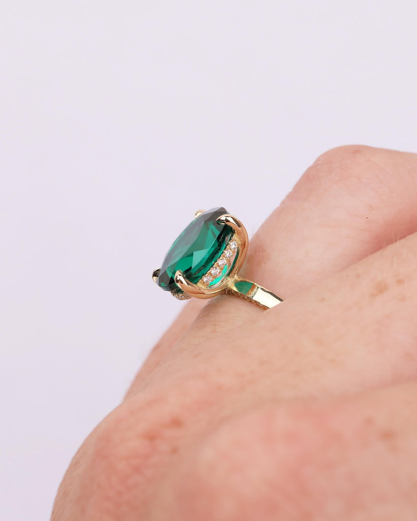 Oval Cut Emerald Engagement Ring, Solitaire 14k Yellow Gold Lab Grown Emerald Ring, Pave Hidden Halo Diamond, Personalized Statement Jewelry image #8