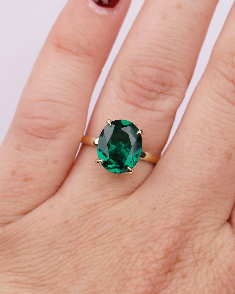 Oval Cut Emerald Engagement Ring, Solitaire 14k Yellow Gold Lab Grown Emerald Ring, Pave Hidden Halo Diamond, Personalized Statement Jewelry image #3