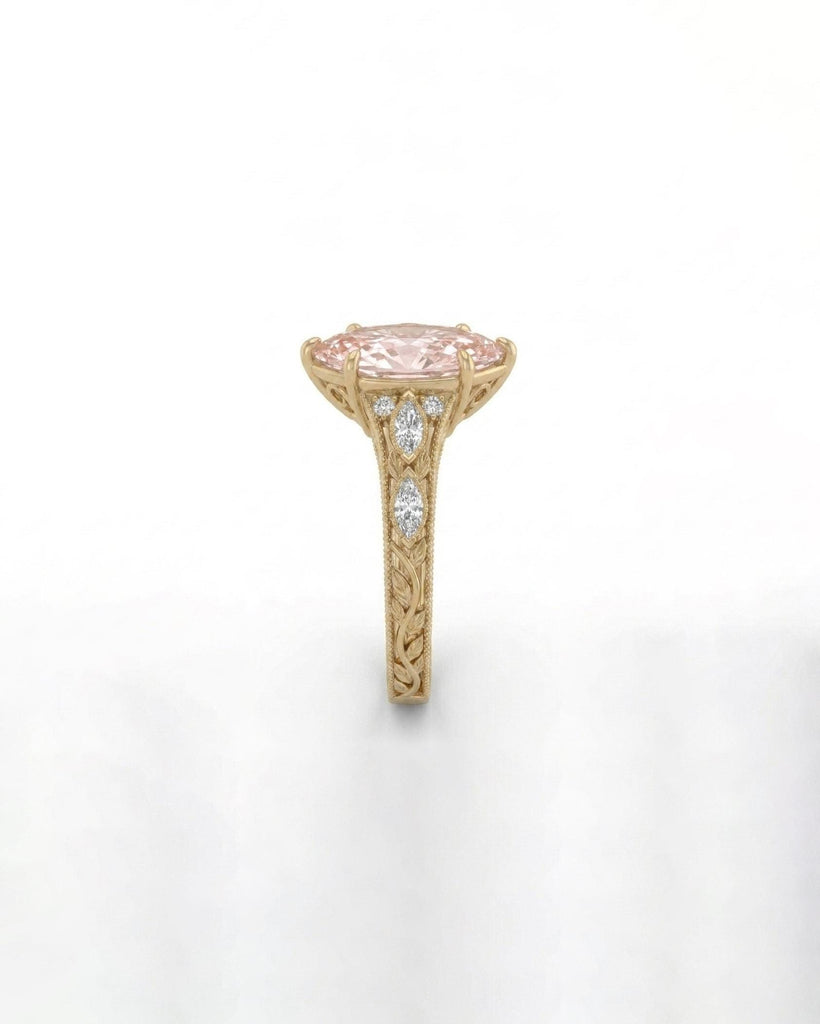 Vintage Pink Lab Created Diamond Ring, Marquise Engagement Ring, Scrollwork Band, 14k Yellow Gold Wedding Rings for Women, Heirloom Jewelry image #4