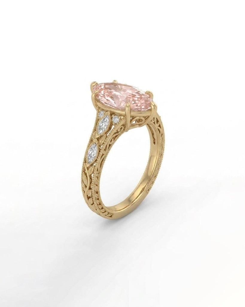 Vintage Pink Lab Created Diamond Ring, Marquise Engagement Ring, Scrollwork Band, 14k Yellow Gold Wedding Rings for Women, Heirloom Jewelry image #5