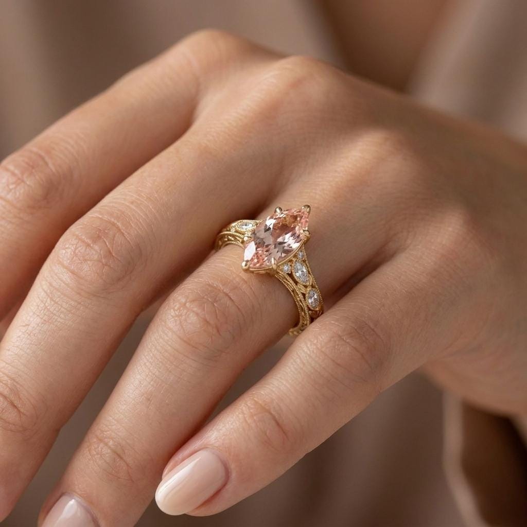 Vintage Pink Lab Created Diamond Ring, Marquise Engagement Ring, Scrollwork Band, 14k Yellow Gold Wedding Rings for Women, Heirloom Jewelry image #2