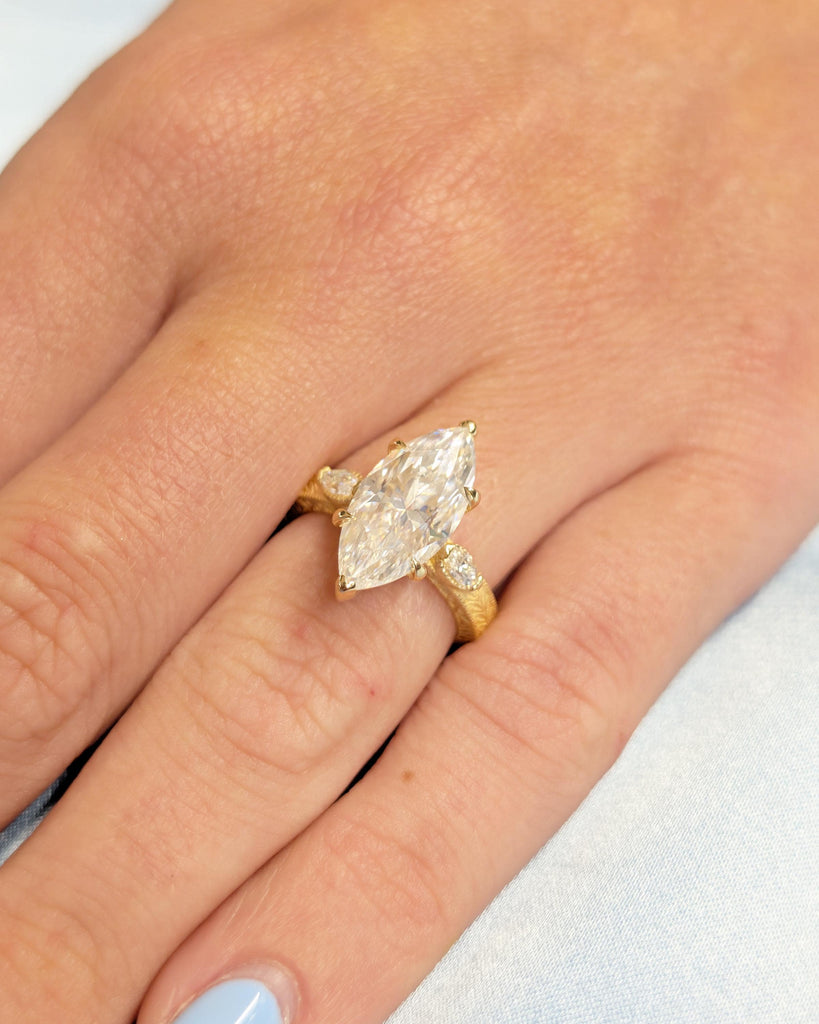 3 Carat Lab Grown Marquise Three Stone Diamond Engagement Ring, Milgrain 18k Gold Statement Rings for Women, Vintage Style Scrollwork Band image #17
