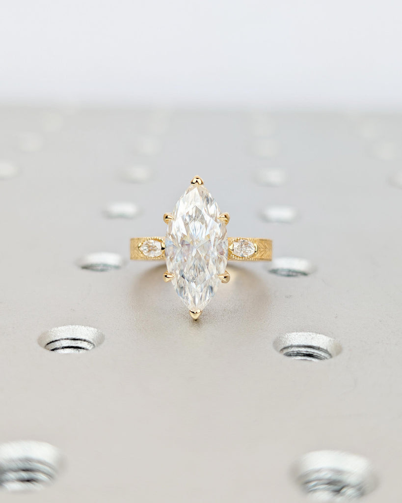 Marquise Cut Lab Created Diamond Engagement Ring, 18k Solid Gold Leaf Engraved Band image #15