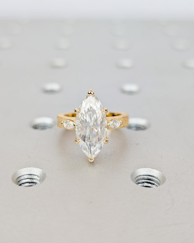 IGI Certified Lab Made Diamond Ring, Vintage Inspired Three Stone Marquise Engagement Ring, Art Deco 18k Yellow Gold Filigree Wedding Rings image #17