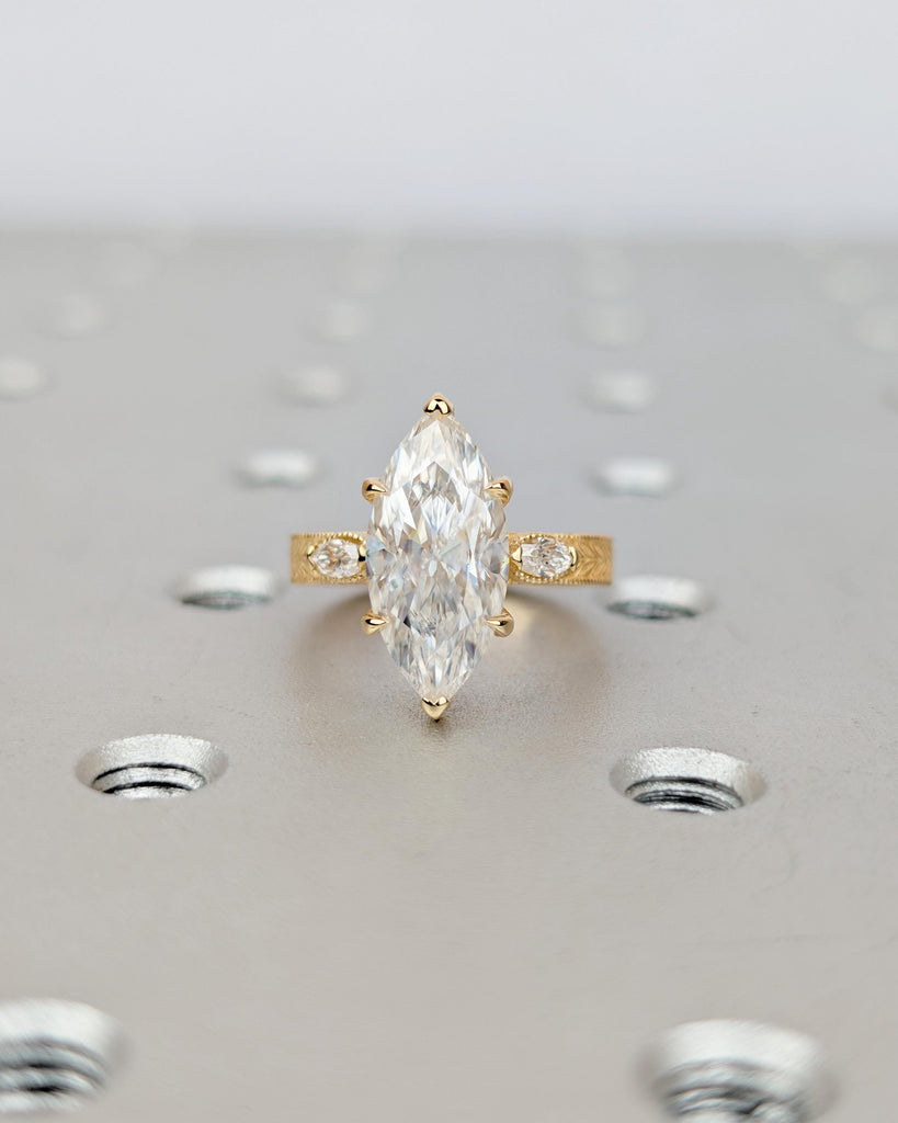 3 Carat Lab Grown Marquise Three Stone Diamond Engagement Ring, Milgrain 18k Gold Statement Rings for Women, Vintage Style Scrollwork Band image #10