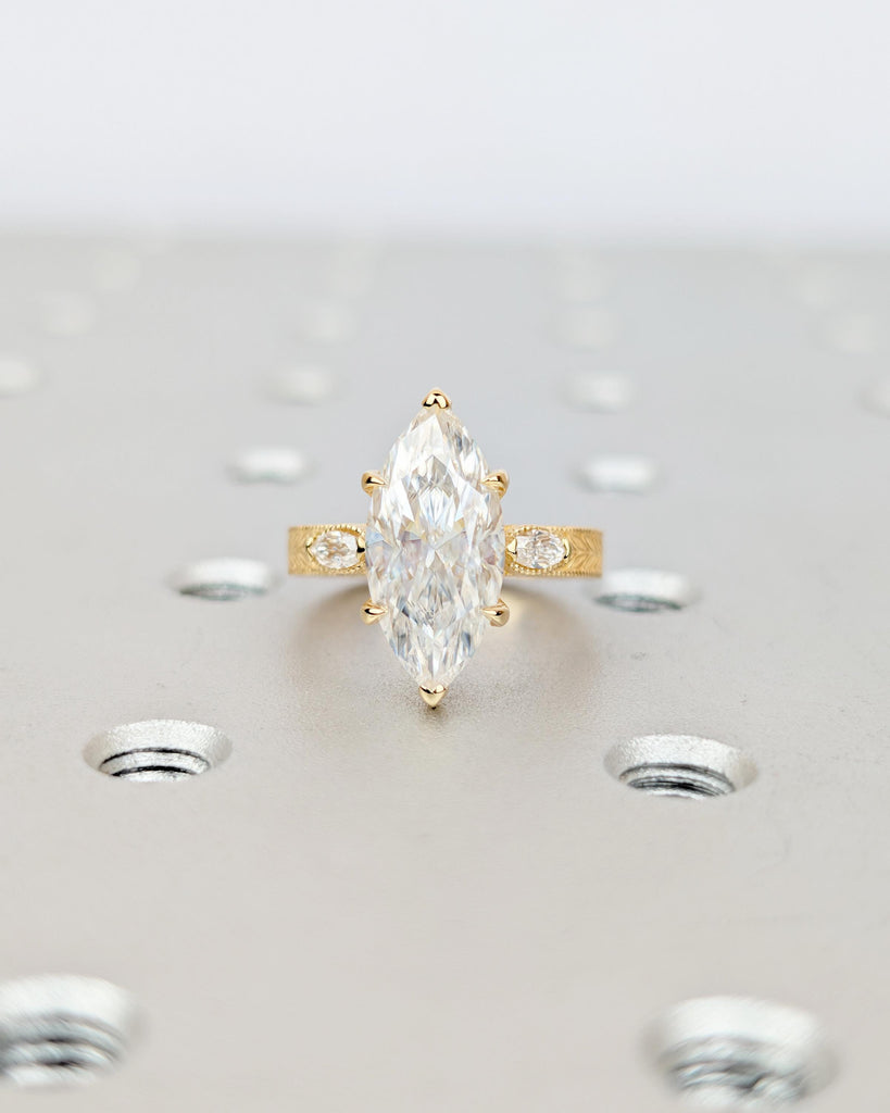 3ct Marquise Cut Lab Grown Diamond Three Stone Engagement Ring in 18k Yellow Gold image #16