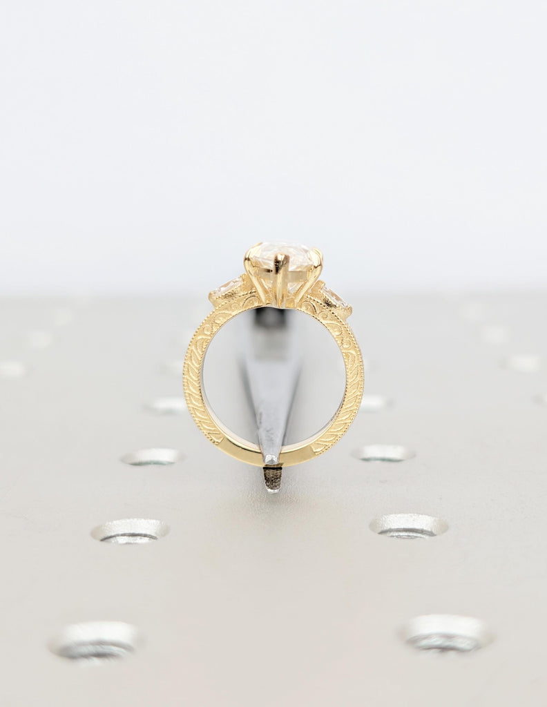 18k Gold Marquise Moissanite Ring, Nature Inspired Engagement Ring, Milgrain Leaf Engraved Band, Personalized Handmade Heirloom Jewelry image #8