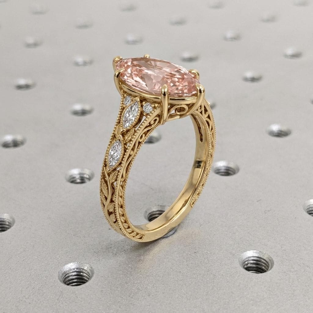Fancy Pink Marquise Lab Grown Diamond Engagement Ring, Art Deco 14k Gold Filigree Ring image #2