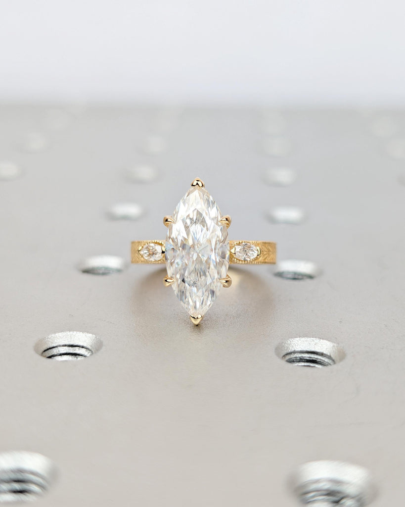 18k Gold Marquise Moissanite Ring, Nature Inspired Engagement Ring, Milgrain Leaf Engraved Band, Personalized Handmade Heirloom Jewelry image #12