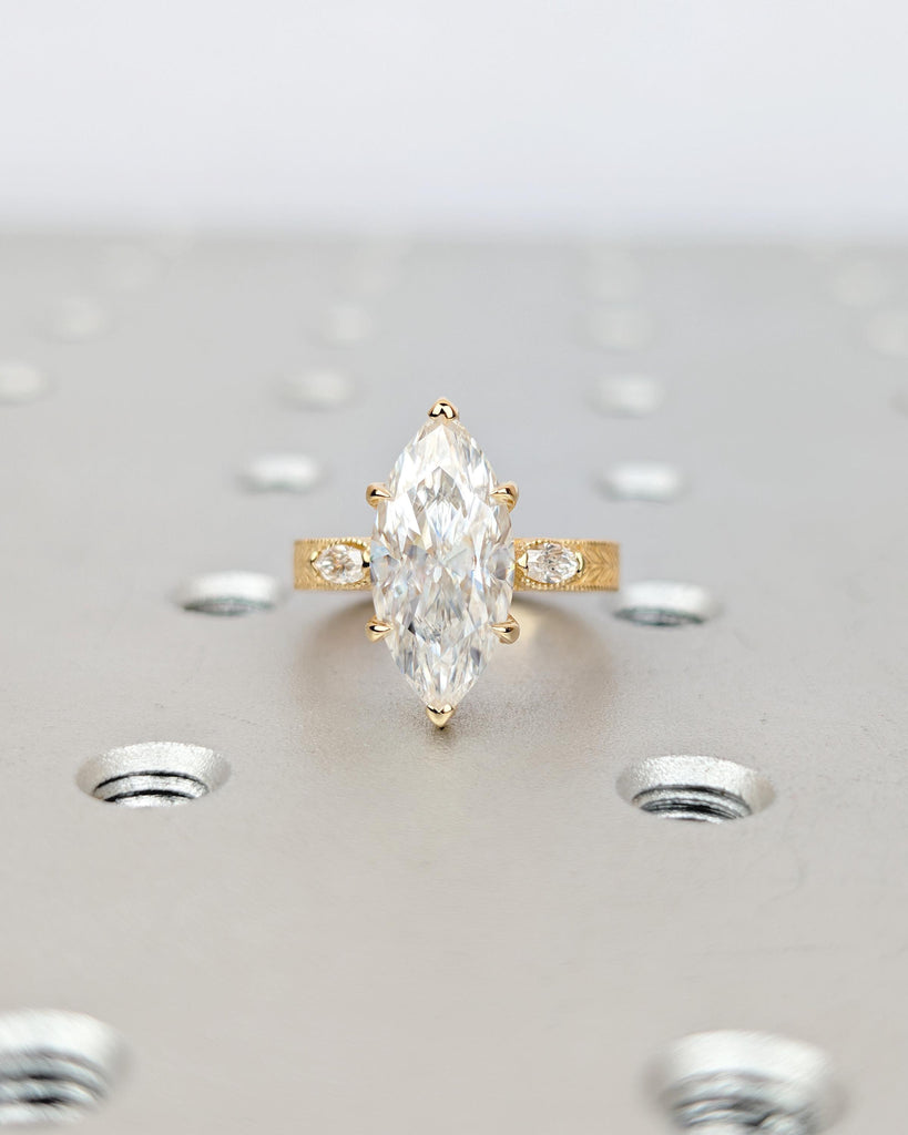 Vintage Moissanite Engagement Ring, 18k Solid Gold Marquise Cut 3 Stone Ring, Antique Jewelry image #12