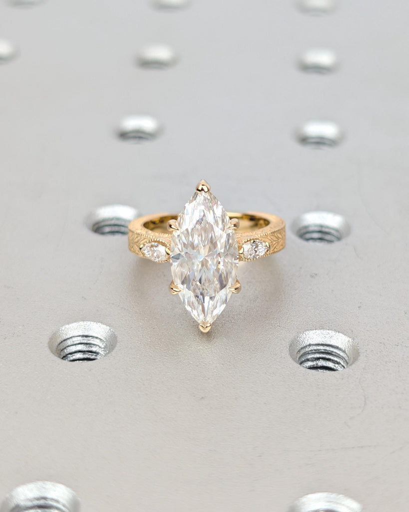 18k Gold Marquise Moissanite Ring, Nature Inspired Engagement Ring, Milgrain Leaf Engraved Band, Personalized Handmade Heirloom Jewelry image #1