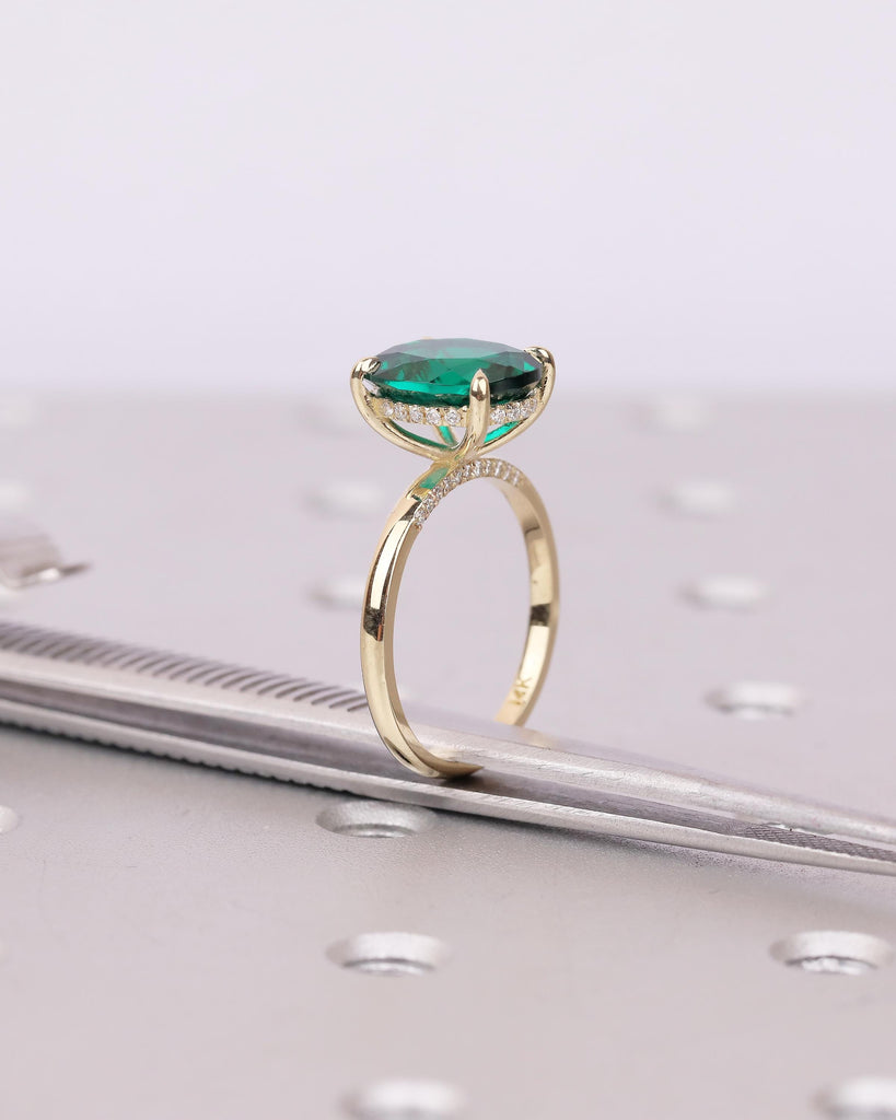 Oval Cut Emerald Engagement Ring, Solitaire 14k Yellow Gold Lab Grown Emerald Ring, Pave Hidden Halo Diamond, Personalized Statement Jewelry image #2