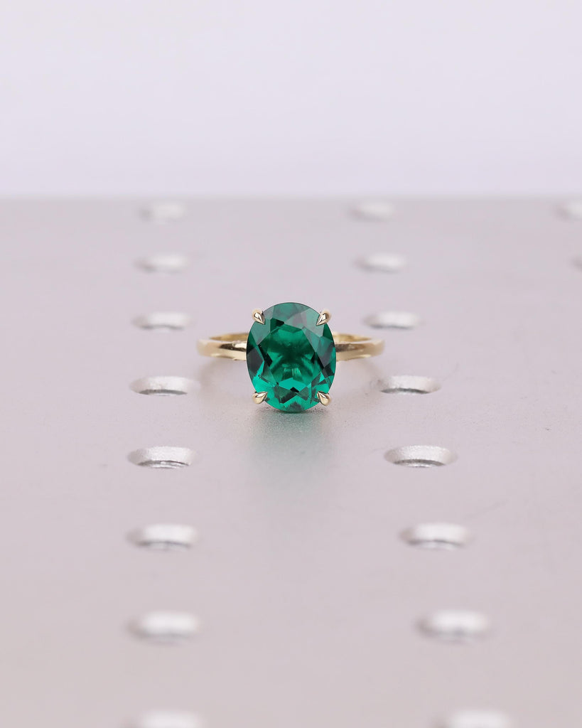 Oval Cut Emerald Engagement Ring, Solitaire 14k Yellow Gold Lab Grown Emerald Ring, Pave Hidden Halo Diamond, Personalized Statement Jewelry image #1