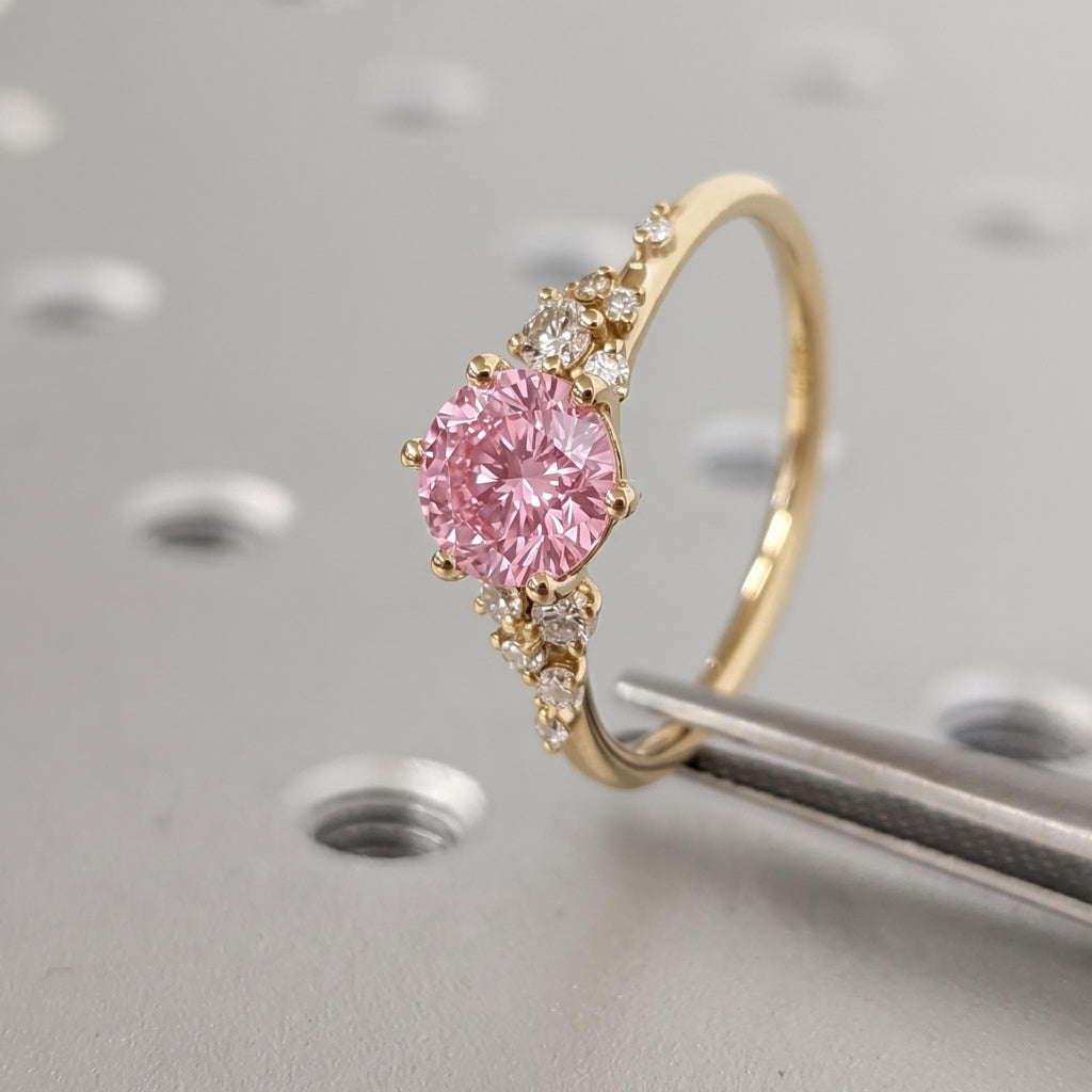 Round Pink Lab Grown Diamond 18K Yellow Gold Engagement Ring | Unique Snowdrift 6 Prong Diamond Cluster Promise Ring | Wedding Ring for Her image #1