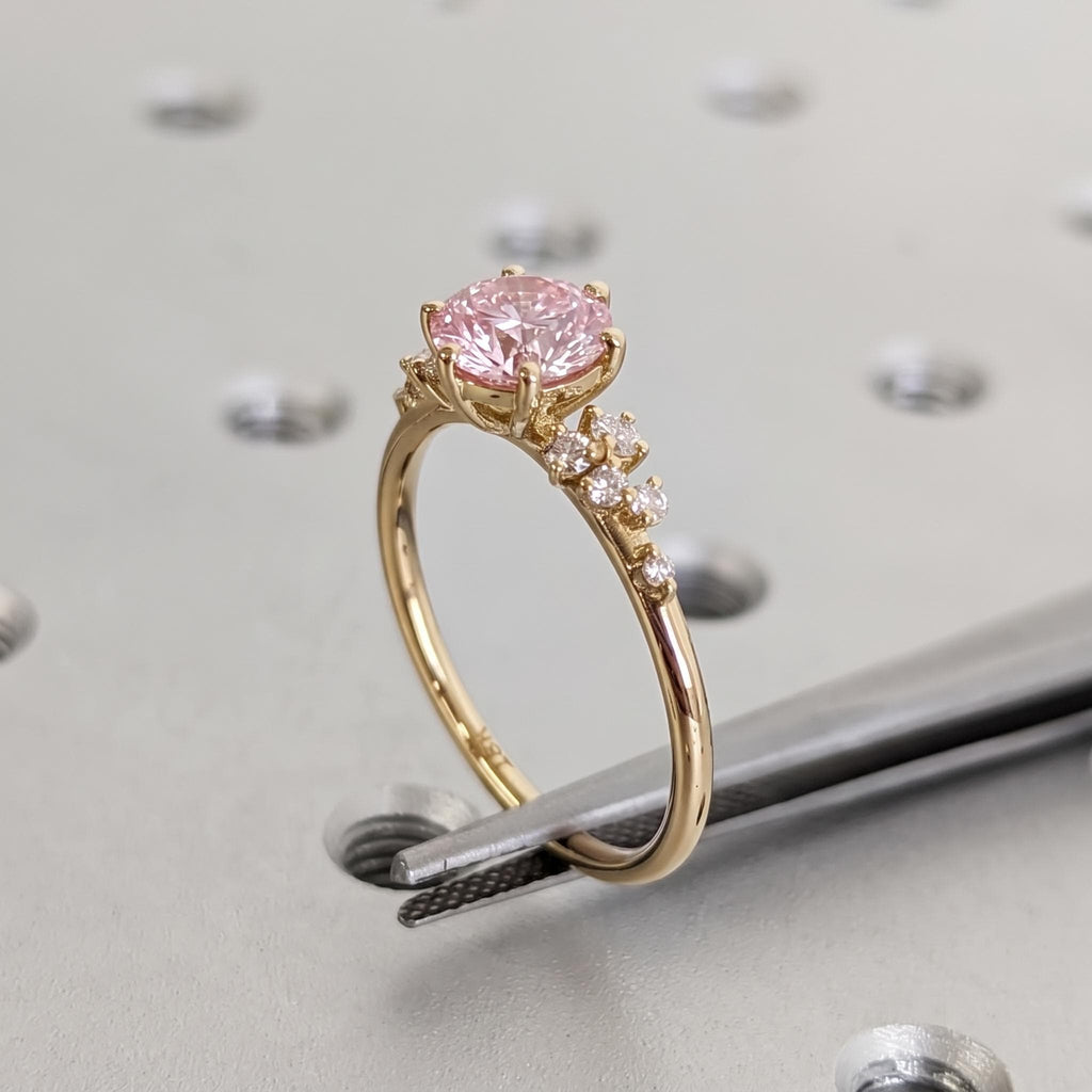 Round Pink Lab Grown Diamond 18K Yellow Gold Engagement Ring | Unique Snowdrift 6 Prong Diamond Cluster Promise Ring | Wedding Ring for Her image #3
