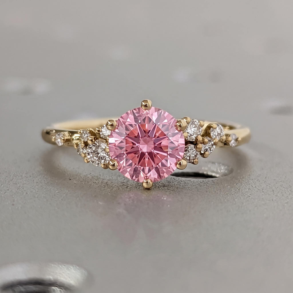 Round Pink Lab Grown Diamond 18K Yellow Gold Engagement Ring | Unique Snowdrift 6 Prong Diamond Cluster Promise Ring | Wedding Ring for Her image #4