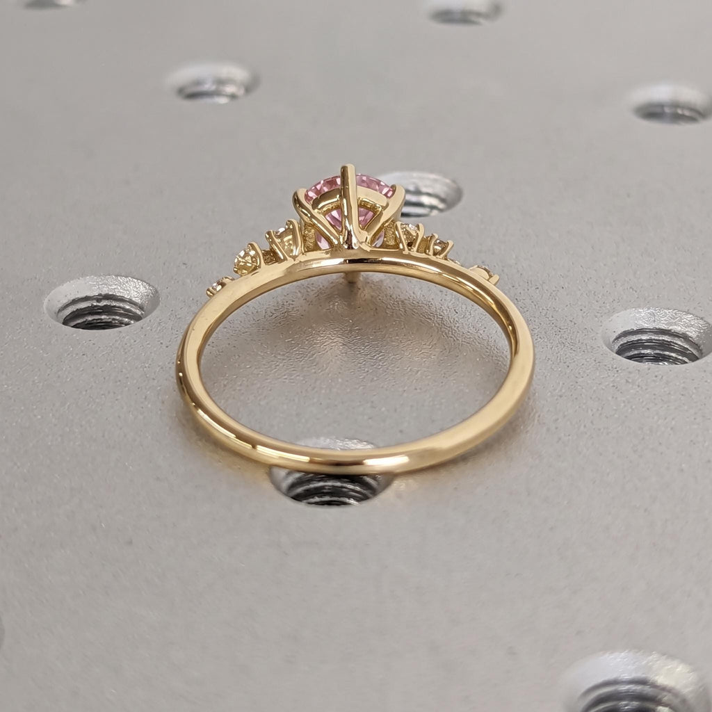 Round Pink Lab Grown Diamond 18K Yellow Gold Engagement Ring | Unique Snowdrift 6 Prong Diamond Cluster Promise Ring | Wedding Ring for Her image #5