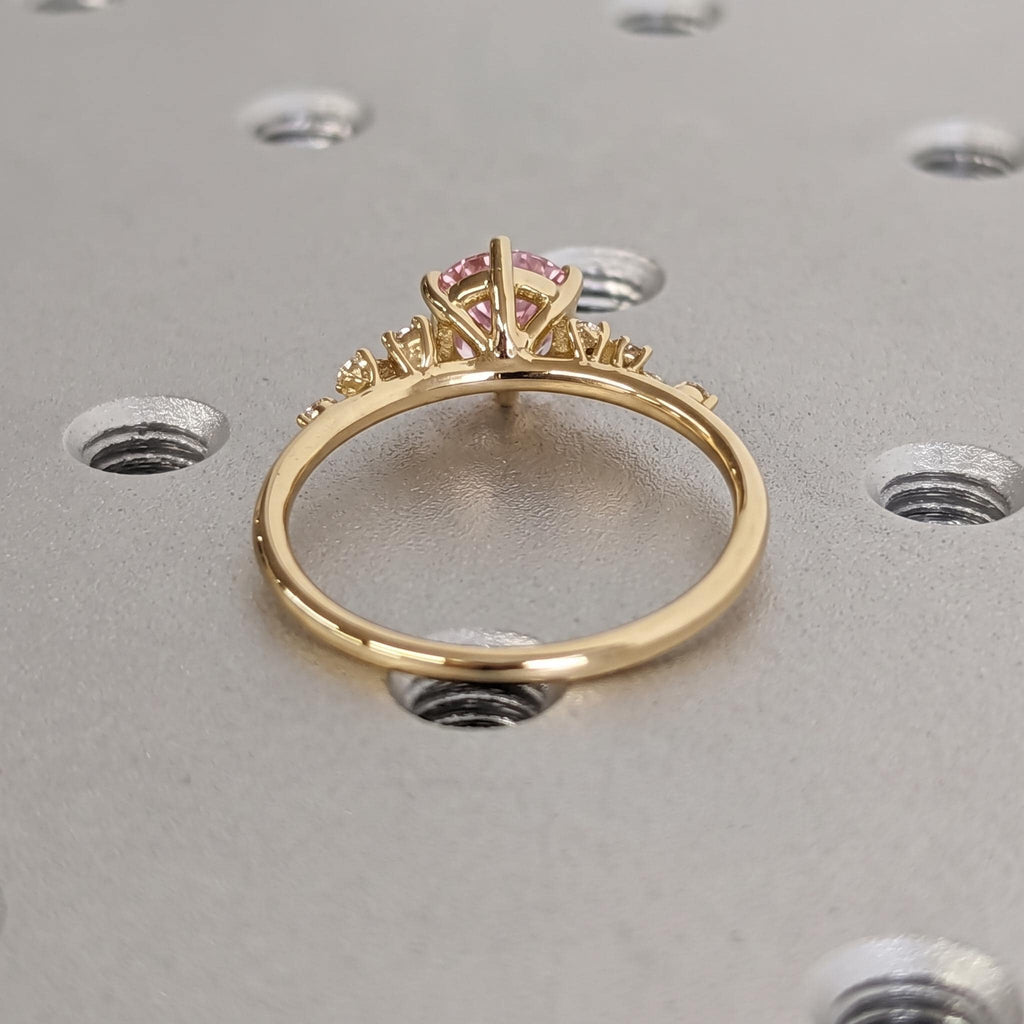 Round Pink Lab Grown Diamond 18K Yellow Gold Engagement Ring | Unique Snowdrift 6 Prong Diamond Cluster Promise Ring | Wedding Ring for Her image #5