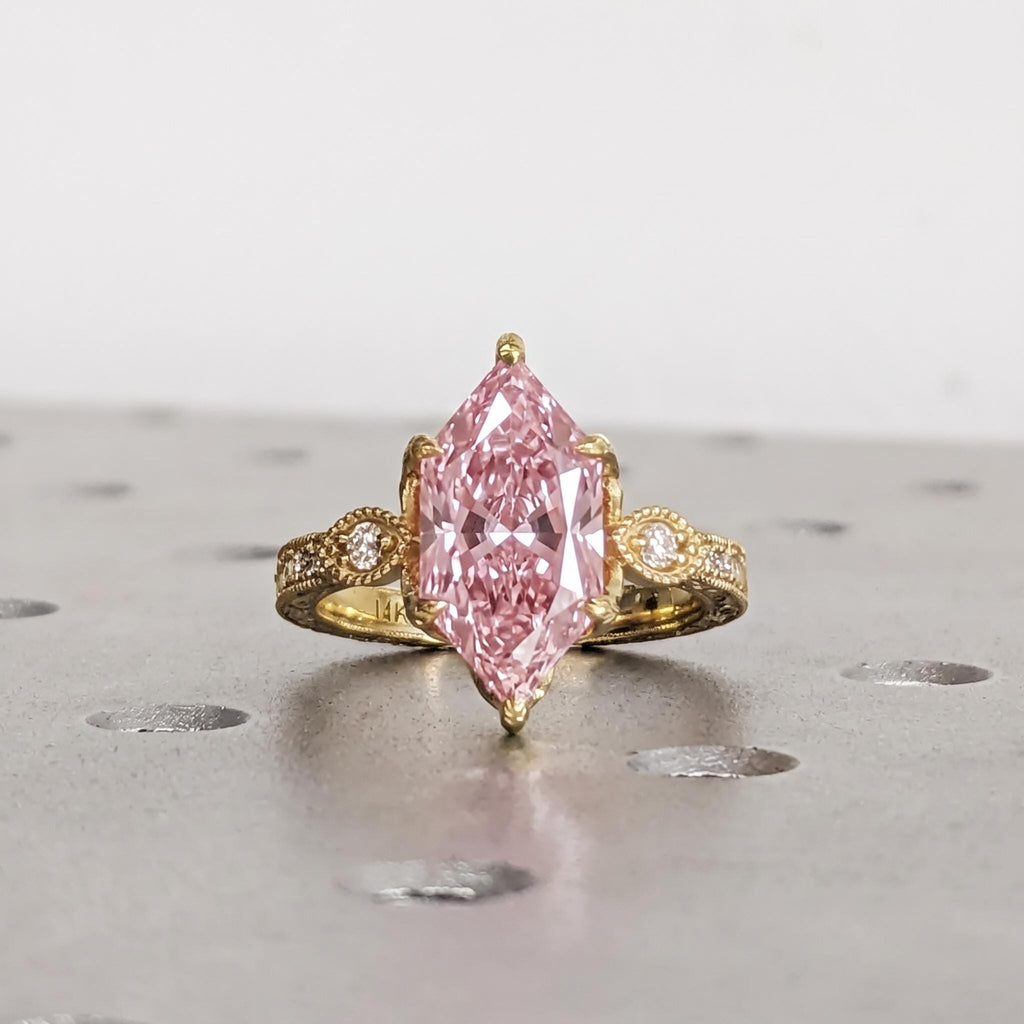 Vintage Tulip Setting Dutch Marquise Pink Diamond Engagement Rings for Women | 14k Yellow Gold Filigree Proposal Ring | Bridal Jewelry image #4