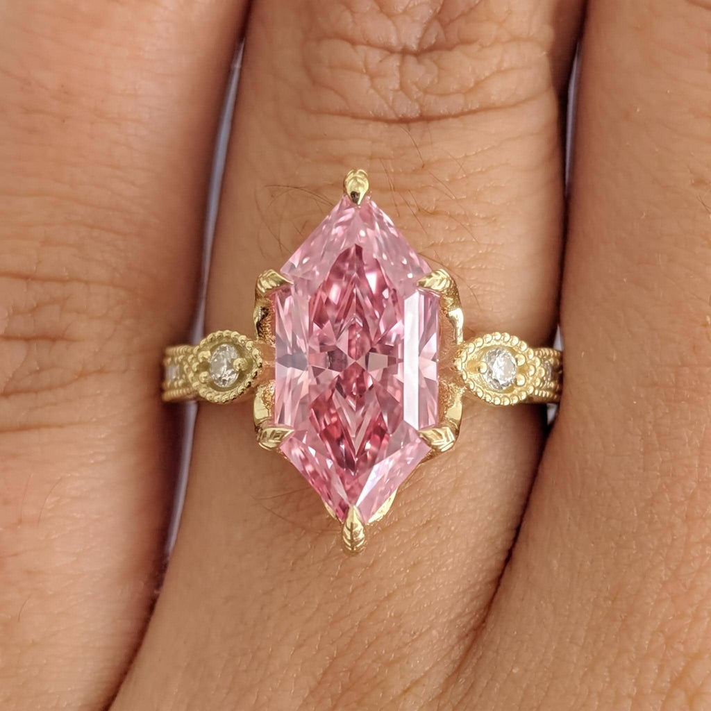 Pink Lab Diamond Solid Gold Victorian Wedding Ring | Anniversary Gift for Her | Unique Dutch Marquise cut Custom Engagement Ring image #1