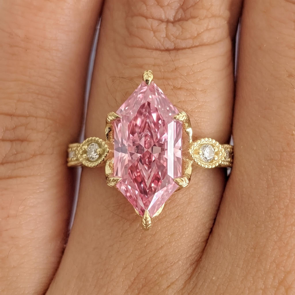 Vintage Tulip Setting Dutch Marquise Pink Diamond Engagement Rings for Women | 14k Yellow Gold Filigree Proposal Ring | Bridal Jewelry image #2