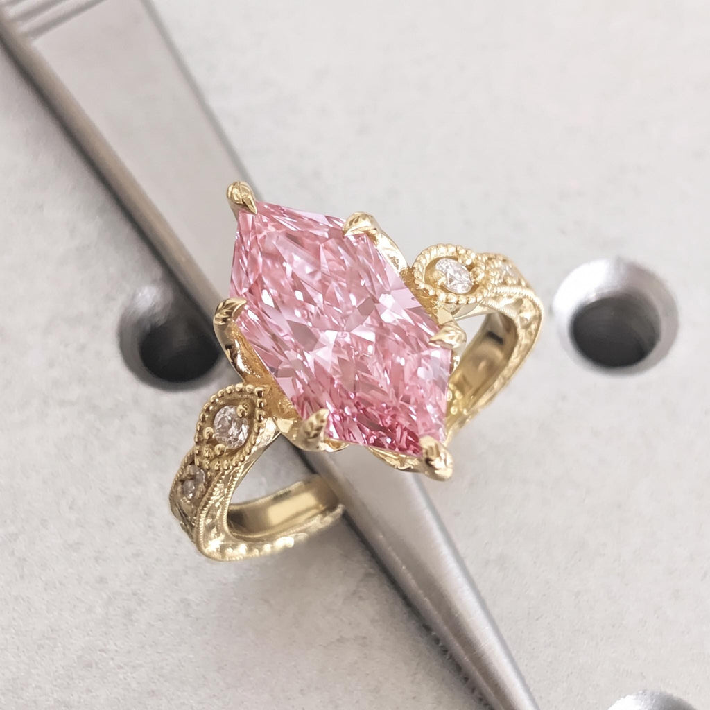 Pink Lab Diamond Solid Gold Victorian Wedding Ring | Anniversary Gift for Her | Unique Dutch Marquise cut Custom Engagement Ring image #2