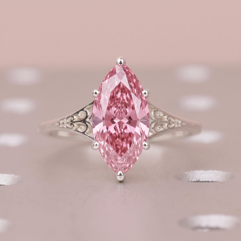 Sterling Silver Pink Diamond Ring | Edwardian Marquise Solitaire Engagement Ring | Antique Filigree Wedding Bands for Women image #1