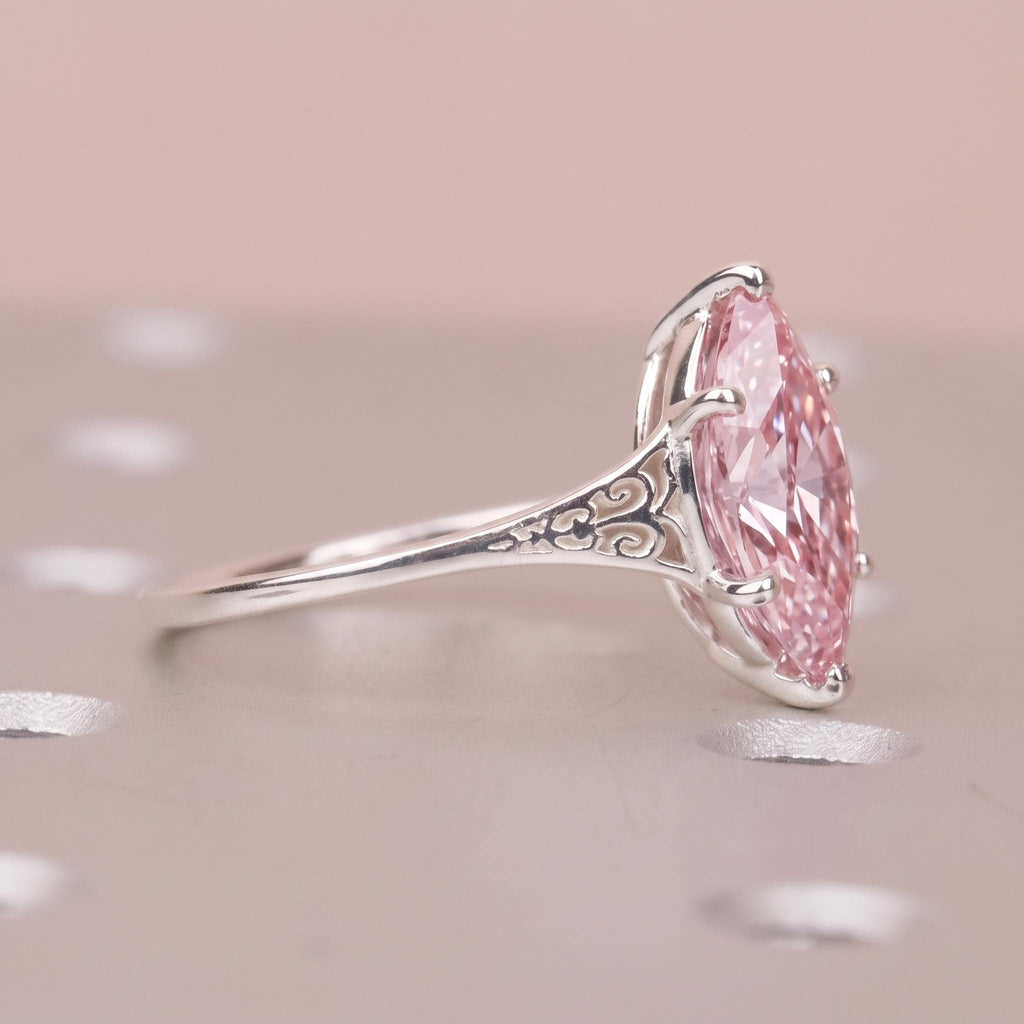 Sterling Silver Pink Diamond Ring | Edwardian Marquise Solitaire Engagement Ring | Antique Filigree Wedding Bands for Women image #3