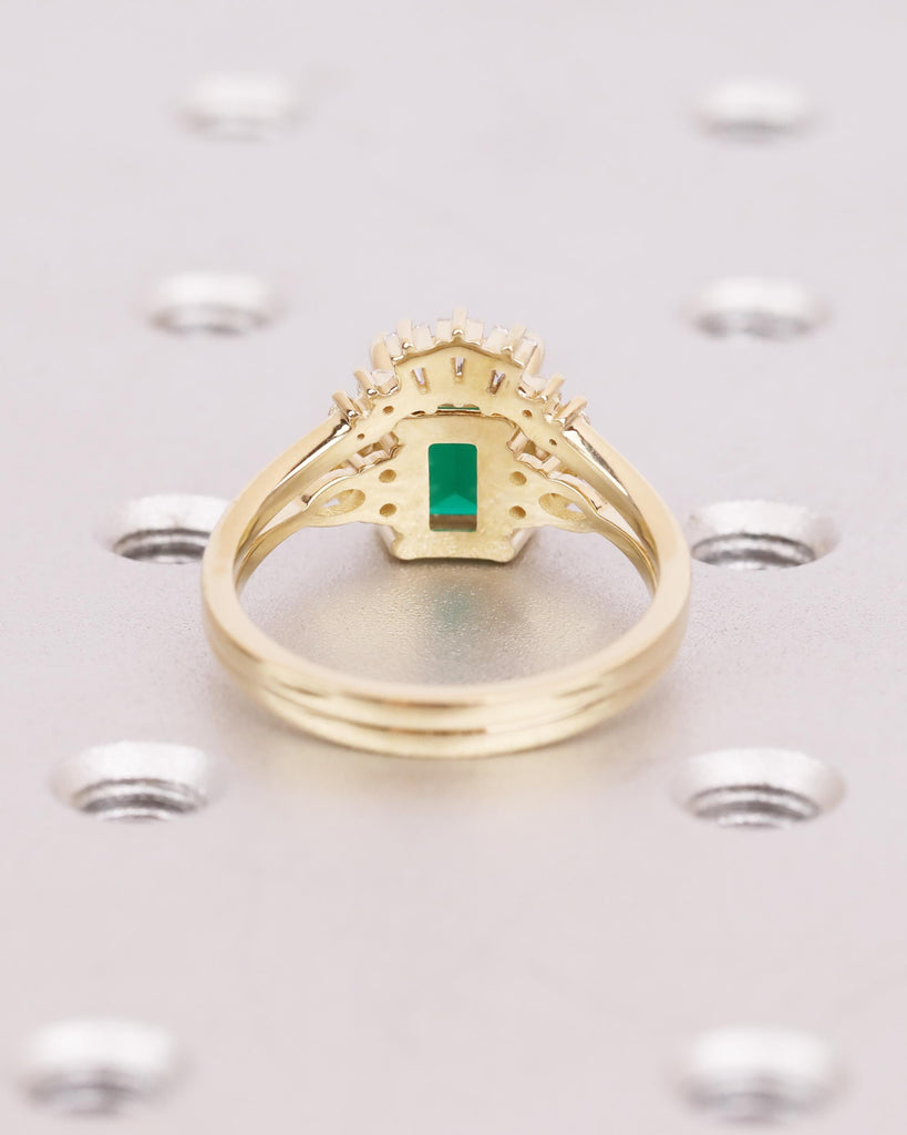 Vintage Emerald Engagement Ring Set, Solid 14k Gold Antique Bridal Set, Baguette Moissanite Curved Wedding Band, Anniversary Rings for Women image #10