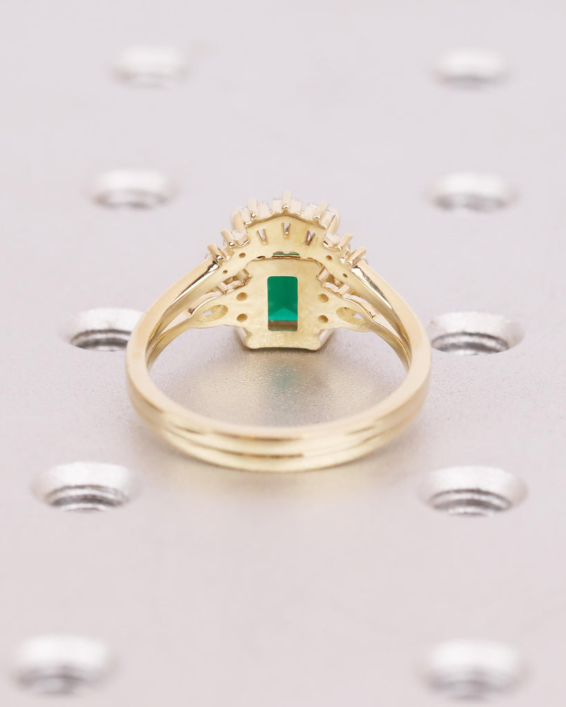 14K Gold Vintage Green Emerald Engagement Ring Set, Art Deco Baguette Moissanite Curved Tiara Wedding Band, May Birthstone, Promise Ring Set image #7