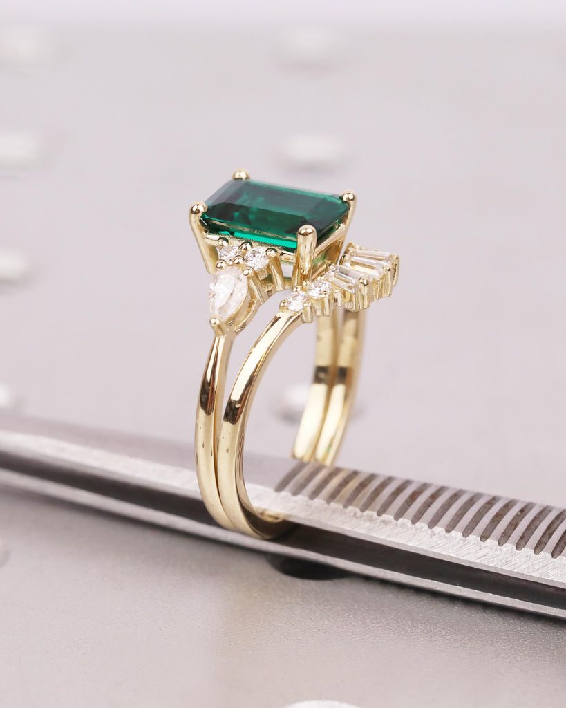 14K Gold Vintage Green Emerald Engagement Ring Set, Art Deco Baguette Moissanite Curved Tiara Wedding Band, May Birthstone, Promise Ring Set image #9