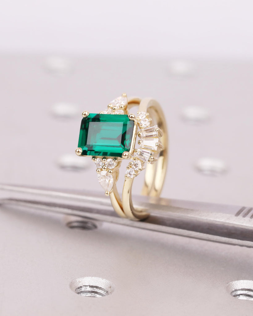 14K Solid Gold Emerald Engagement Ring Bridal Set | Art Deco Baguette Diamond Chevron Ring | Curved Tiara Wedding Band | Gift for Wife image #6