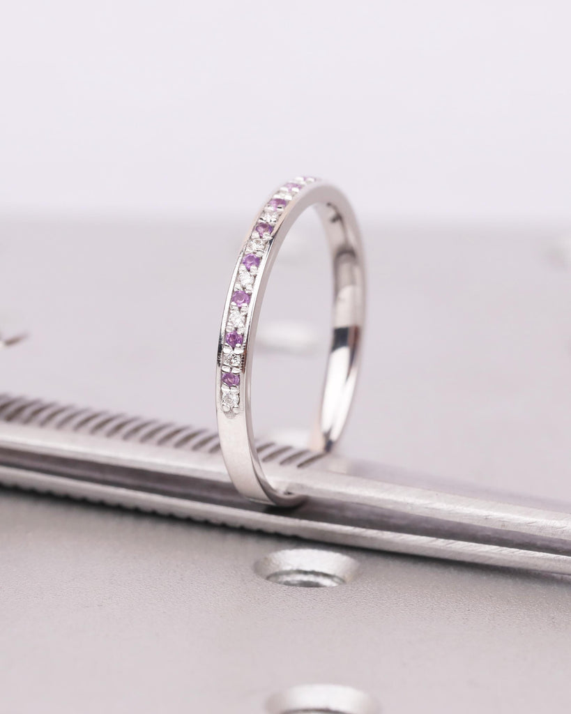 Amethyst Wedding Band | 14K Solid Gold Genuine Purple Amethyst with Diamond Wedding Ring | Half Eternity Stacking Ring | February Birthstone image #8