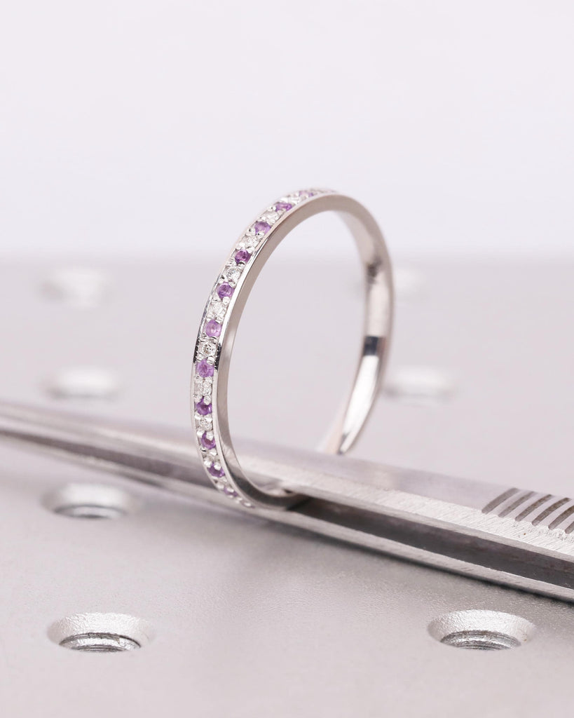 Amethyst Wedding Band | 14K Solid Gold Genuine Purple Amethyst with Diamond Wedding Ring | Half Eternity Stacking Ring | February Birthstone image #7