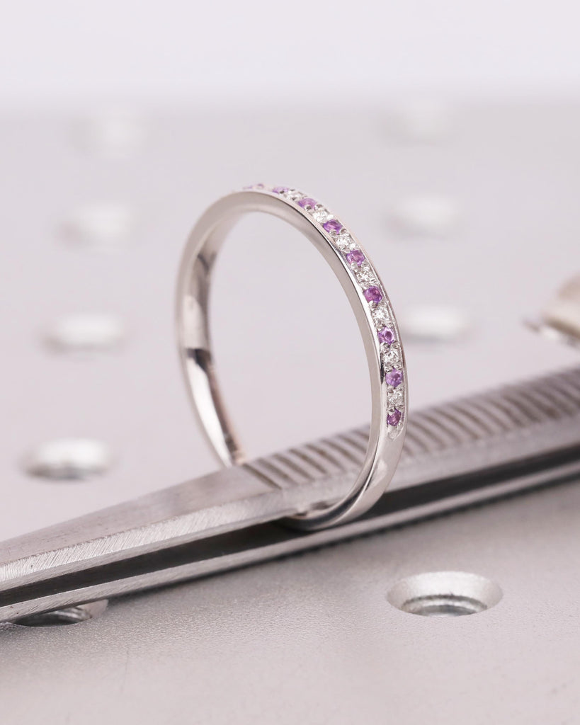 14k Solid White Gold Amethyst Wedding Band, Half Eternity Wedding Ring for Women, Dainty Stacking Ring, February Birthstone image #8