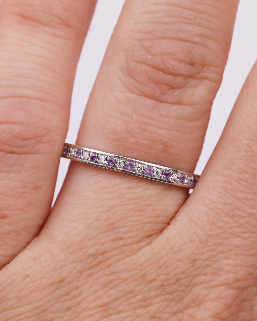 14k Solid White Gold Amethyst Wedding Band, Half Eternity Wedding Ring for Women, Dainty Stacking Ring, February Birthstone image #2