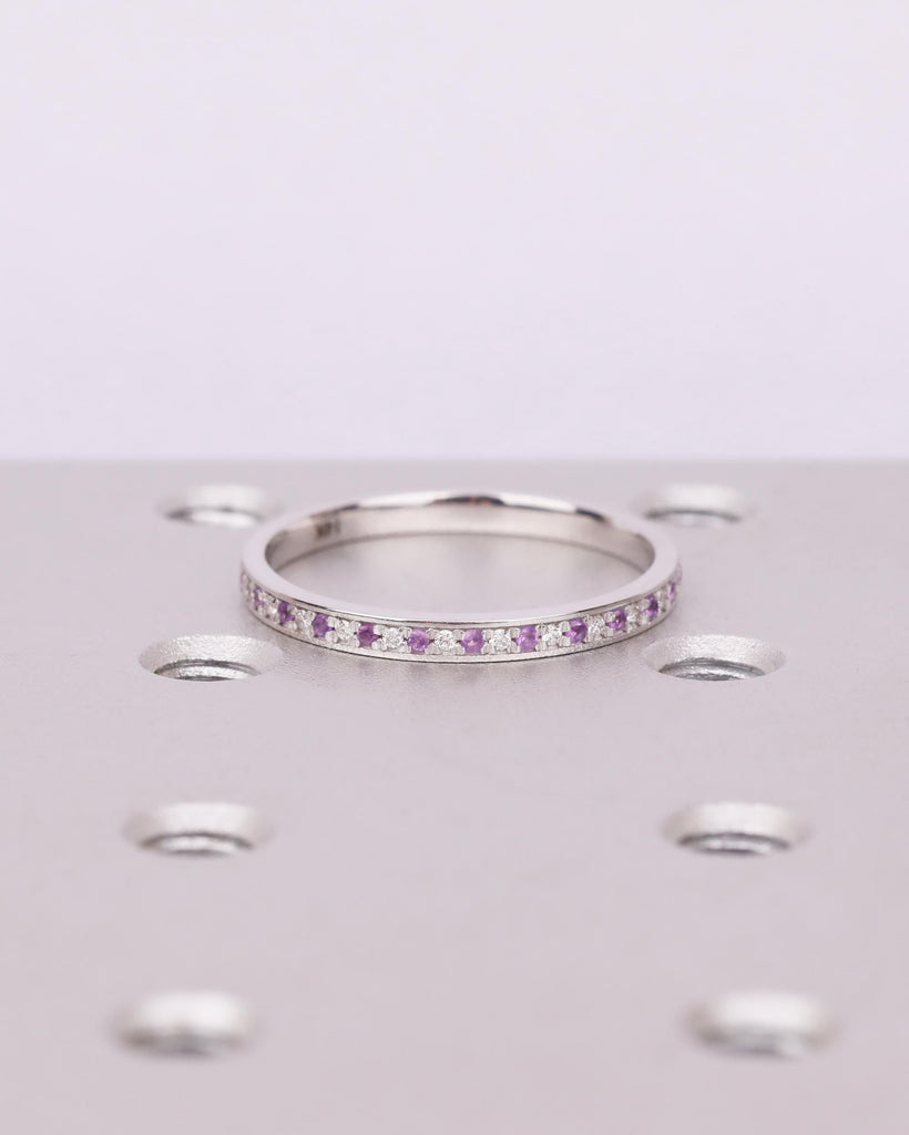 14k Solid White Gold Amethyst Wedding Band, Half Eternity Wedding Ring for Women, Dainty Stacking Ring, February Birthstone image #3