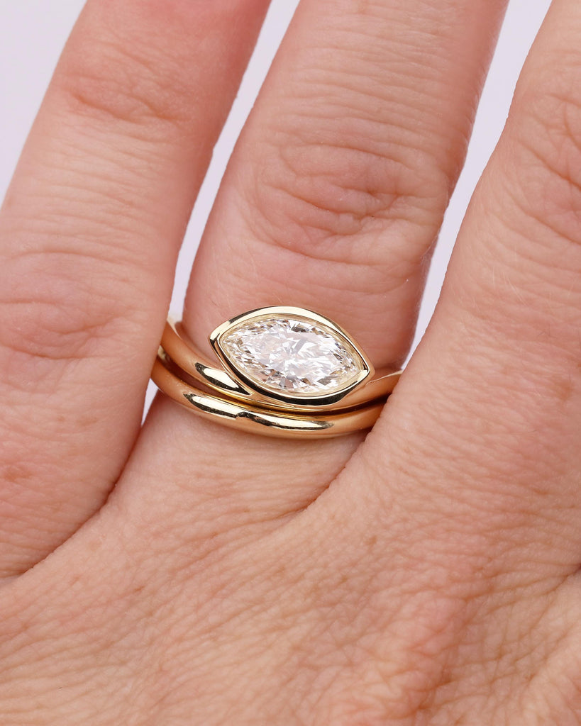 Bezel Set Moissanite Engagement Ring, 14k Gold Marquise Cut Ring, East West Bridal Jewelry image #14