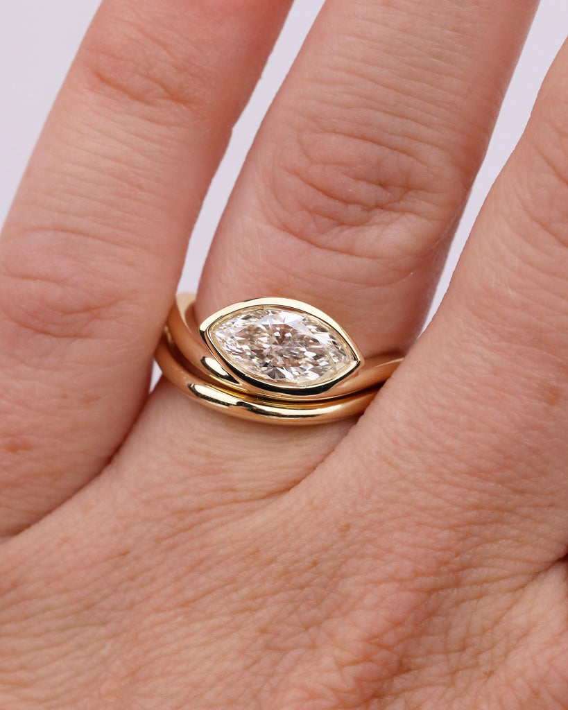Bezel Set Moissanite Engagement Ring, 14k Gold Marquise Cut Ring, East West Bridal Jewelry image #3