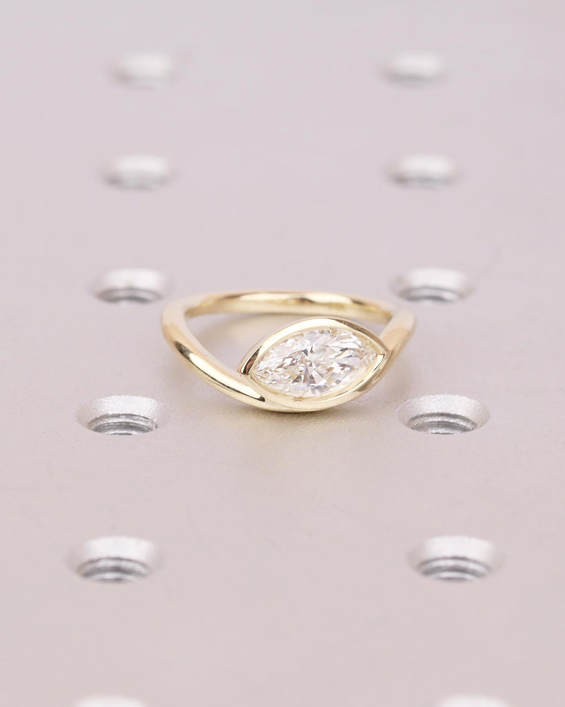 Modern Solitaire Engagement Ring, Lab Created Diamond Bezel Ring, East West Setting, Marquise Cut 14k Yellow Gold Promise Rings for Women image #9